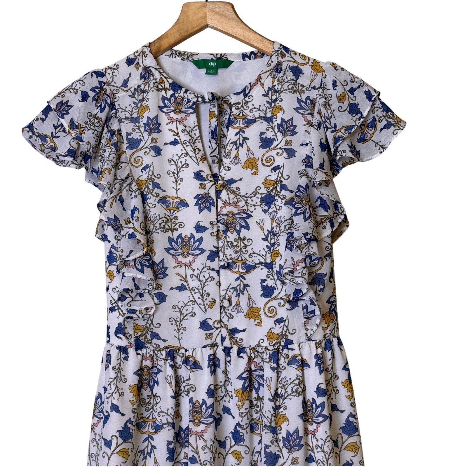 Dip Womens Blue Floral Cottagecore Midi Dress Ruffle Sleeve Tie Back Size Small
