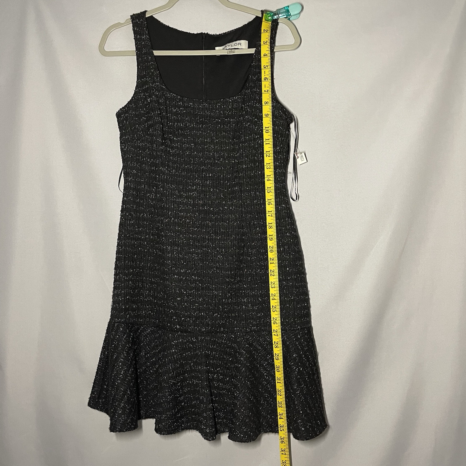 Taylor 2Pc Jacket/Shift Dress Set Size 6 Black Metallic Tweed Flounce Hem Money