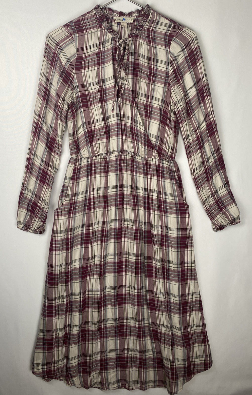 Knox Rose Maroon Plaid Long Sleeve Sheath Dress Size S flanel tie up neck line