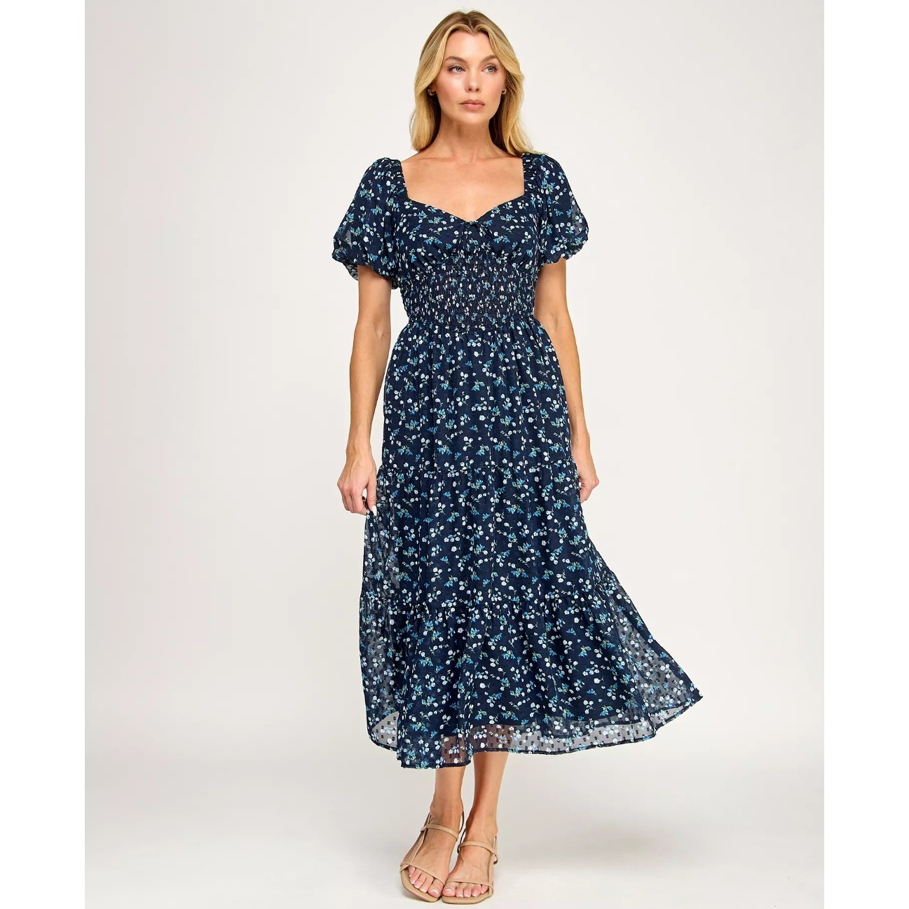 Trixxi Floral Puff-Sleeve Smocked Tiered Midi Dress – Size Medium