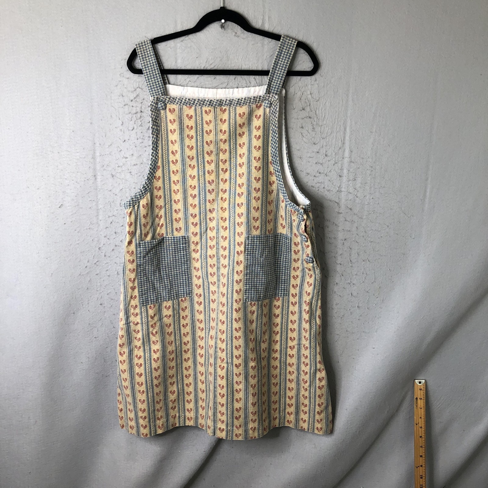 Farmhouse Overall Dress Womens L Multicolor Rooster Stripe Apron Pockets