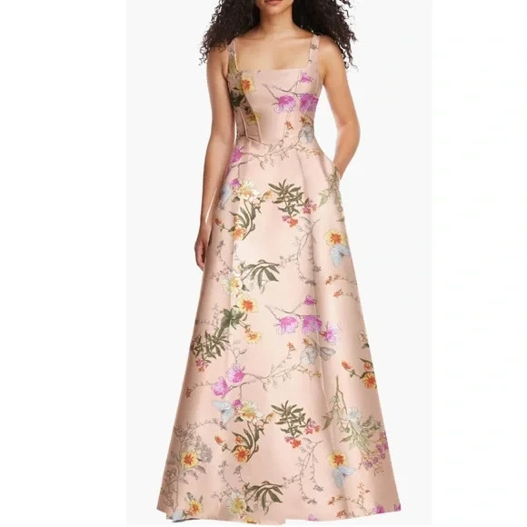 NEW, Alfred Sung Floral Corset Satin Gown in Multicolor Sz 4 #LD0234