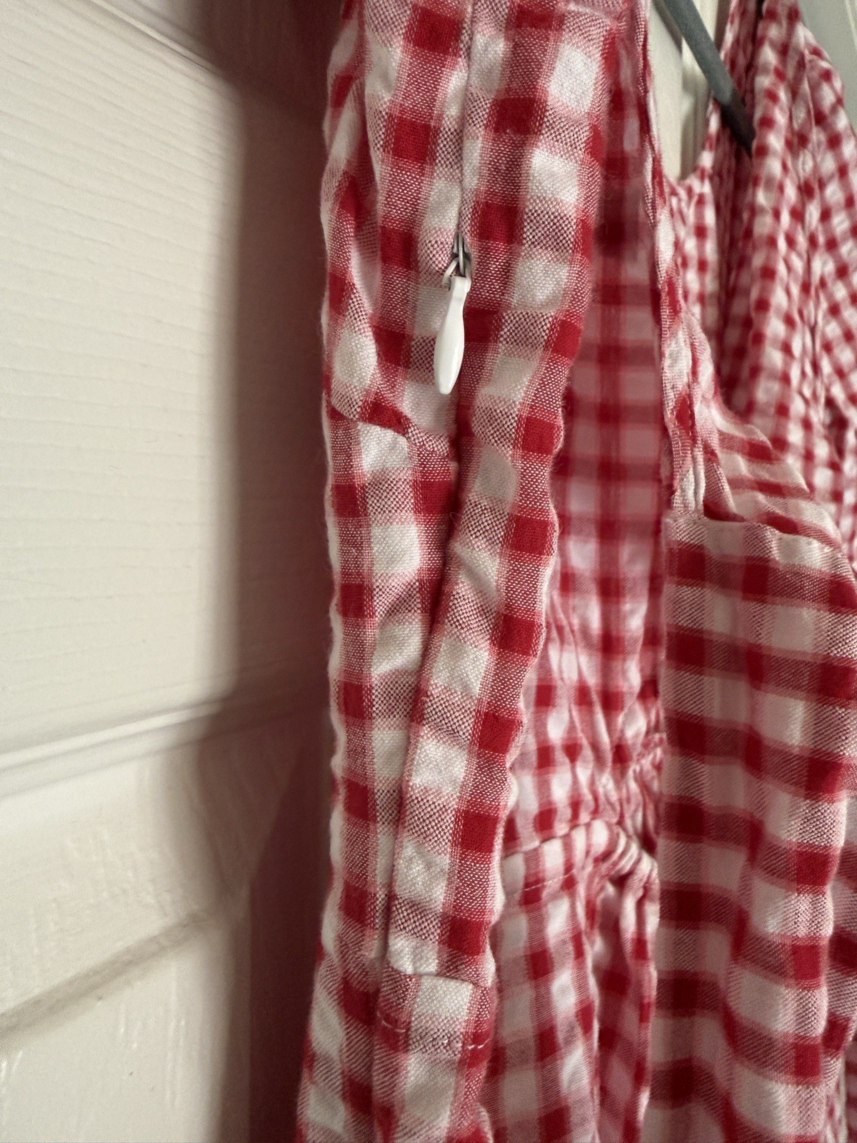 LOFT Red/White Gingham Square Neck Puff Sleeve Bow Back Mini Dress 4 Cotton