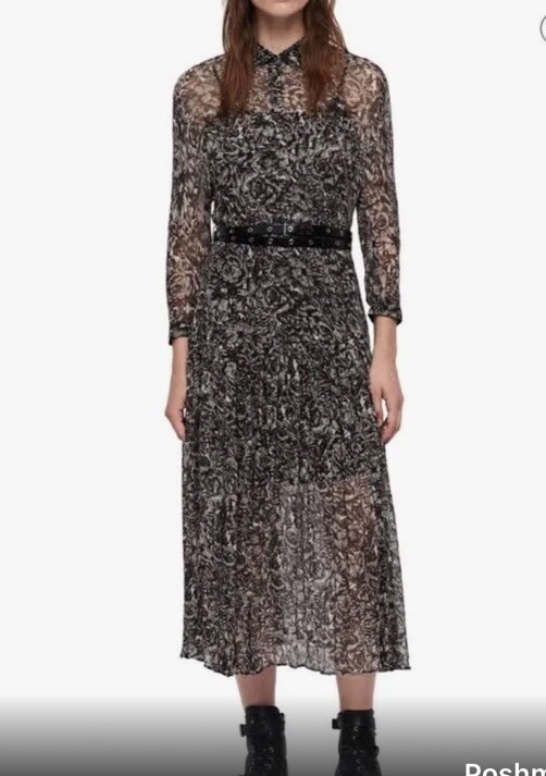 New $290 All Saints Eley Rosey Black Grey Midi Floral Women’s US 4 Viscose D9