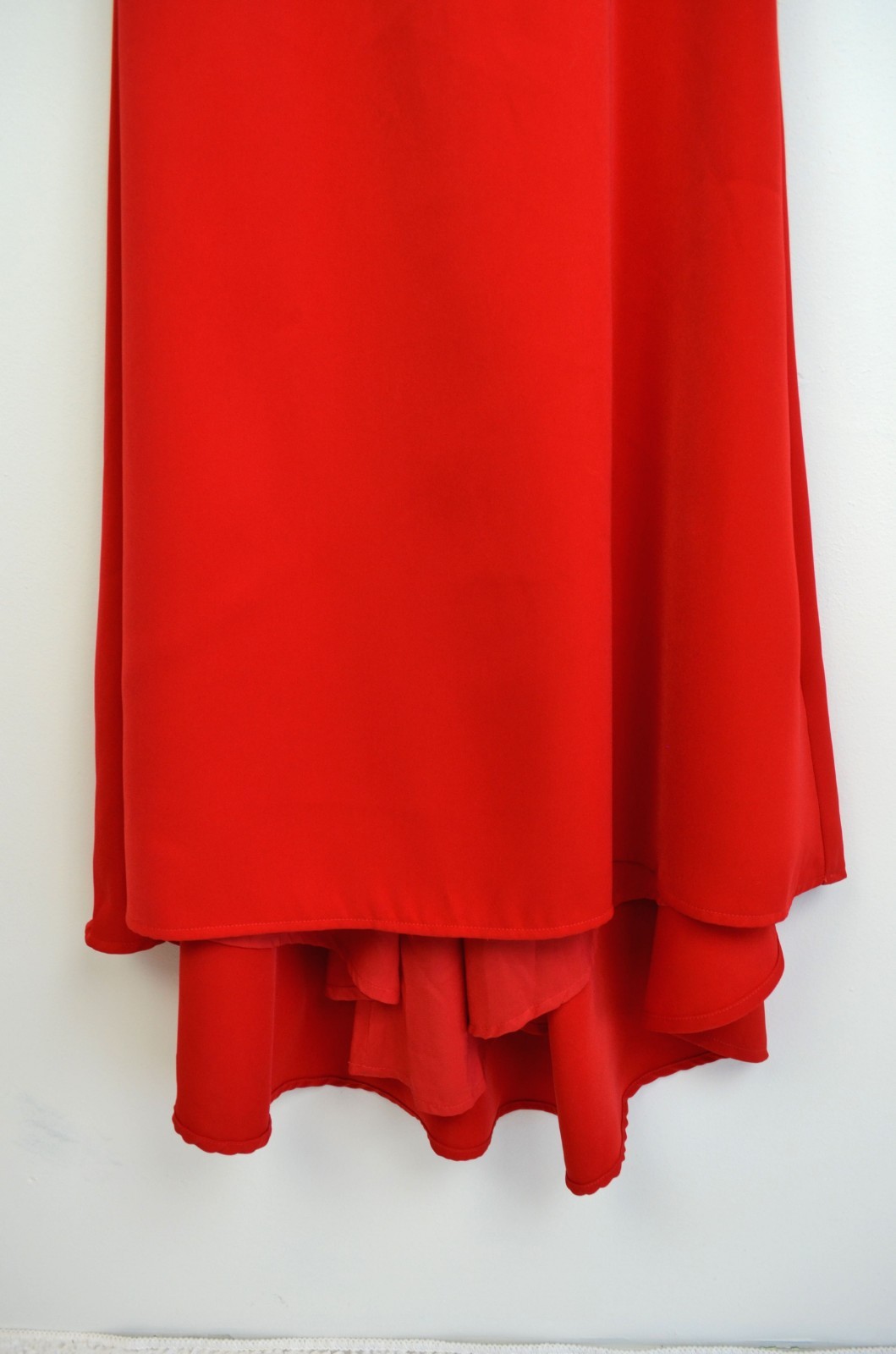 JARLO Red Ruffle Drape Overlay Halter Cold Shoulder Stretch Maxi Gown 2 = XS NEW