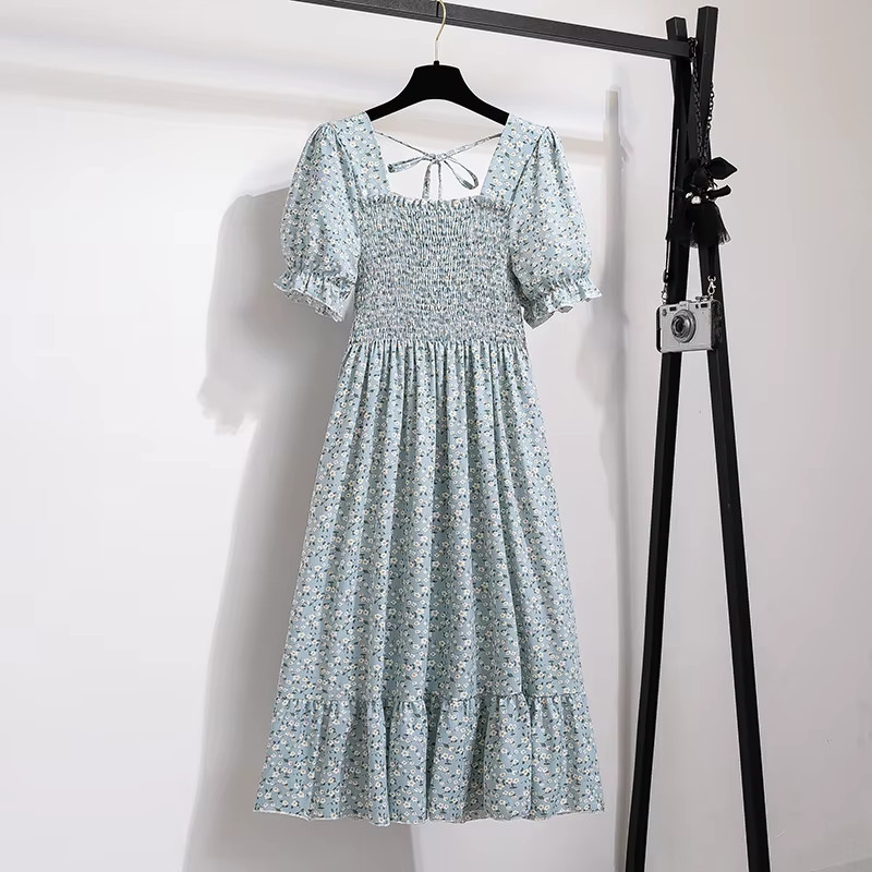 Chic Spring Summer Chiffon A-Line Dress with Elastic Waist and Short Sleeves