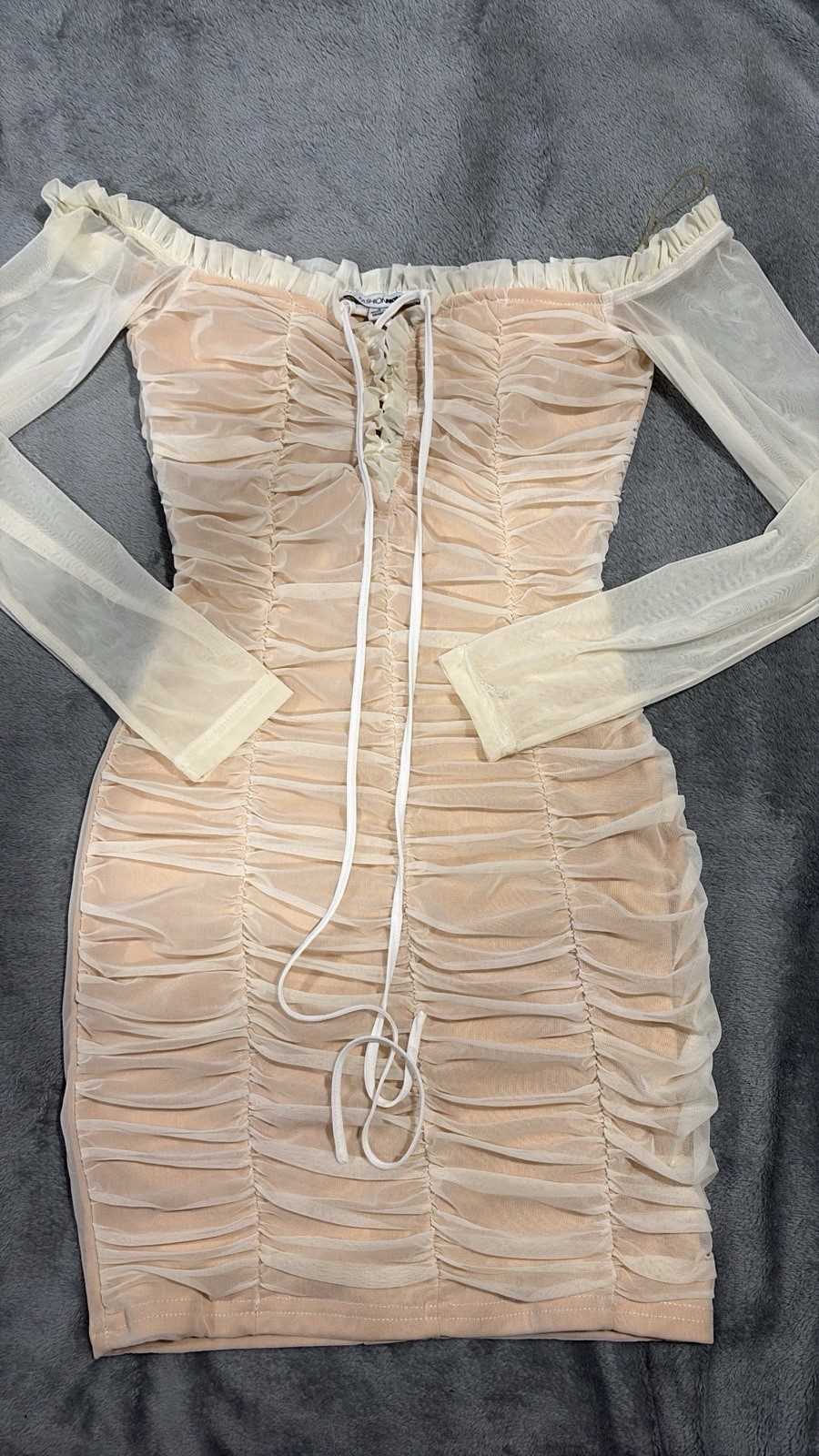 Fashion Nova Off Shoulder Ruched Mesh Bodycon Mini Dress Long Sleeve S Beige