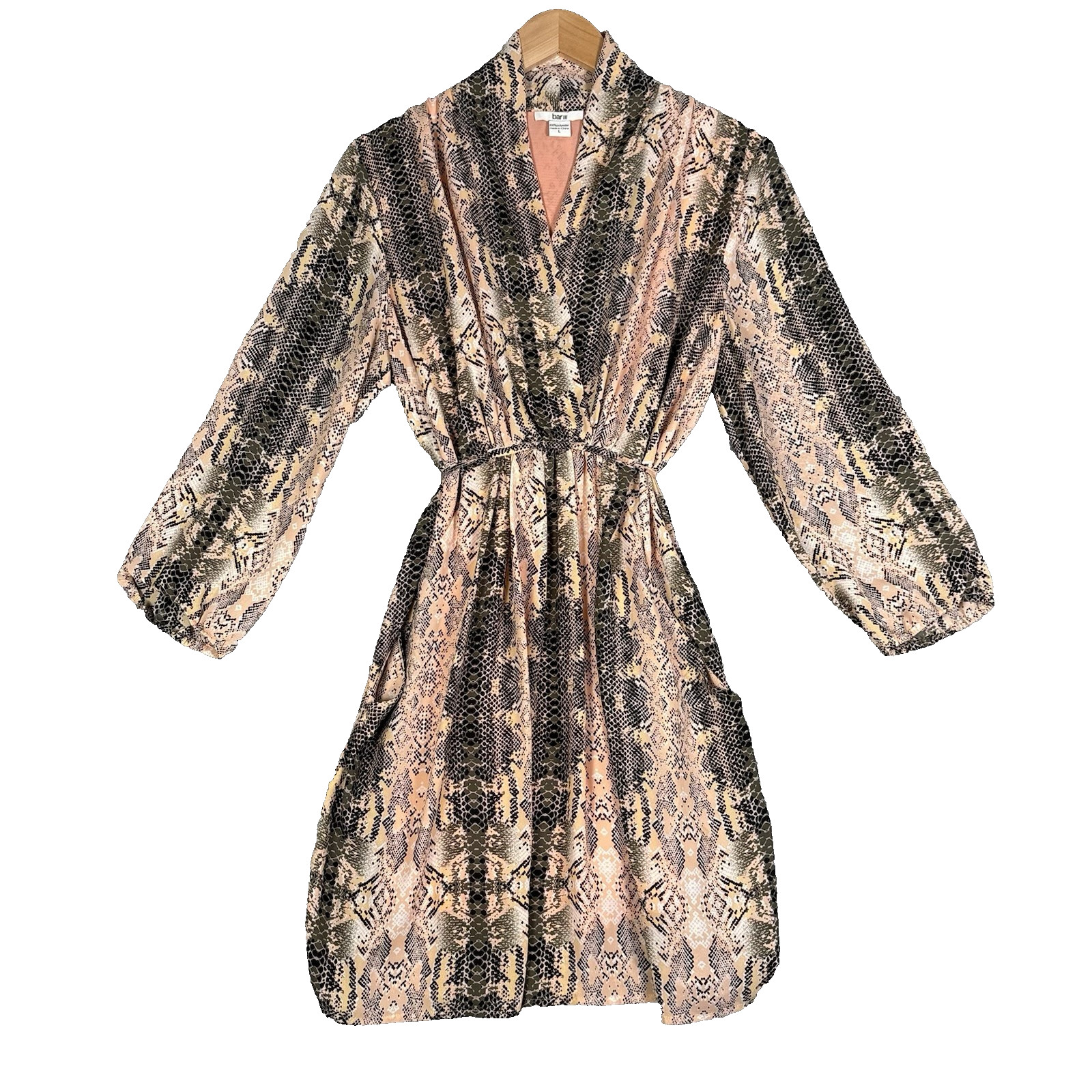 BAR III Mini Dress Size Large With Pockets Peach Black Snake Print Long Sleeve