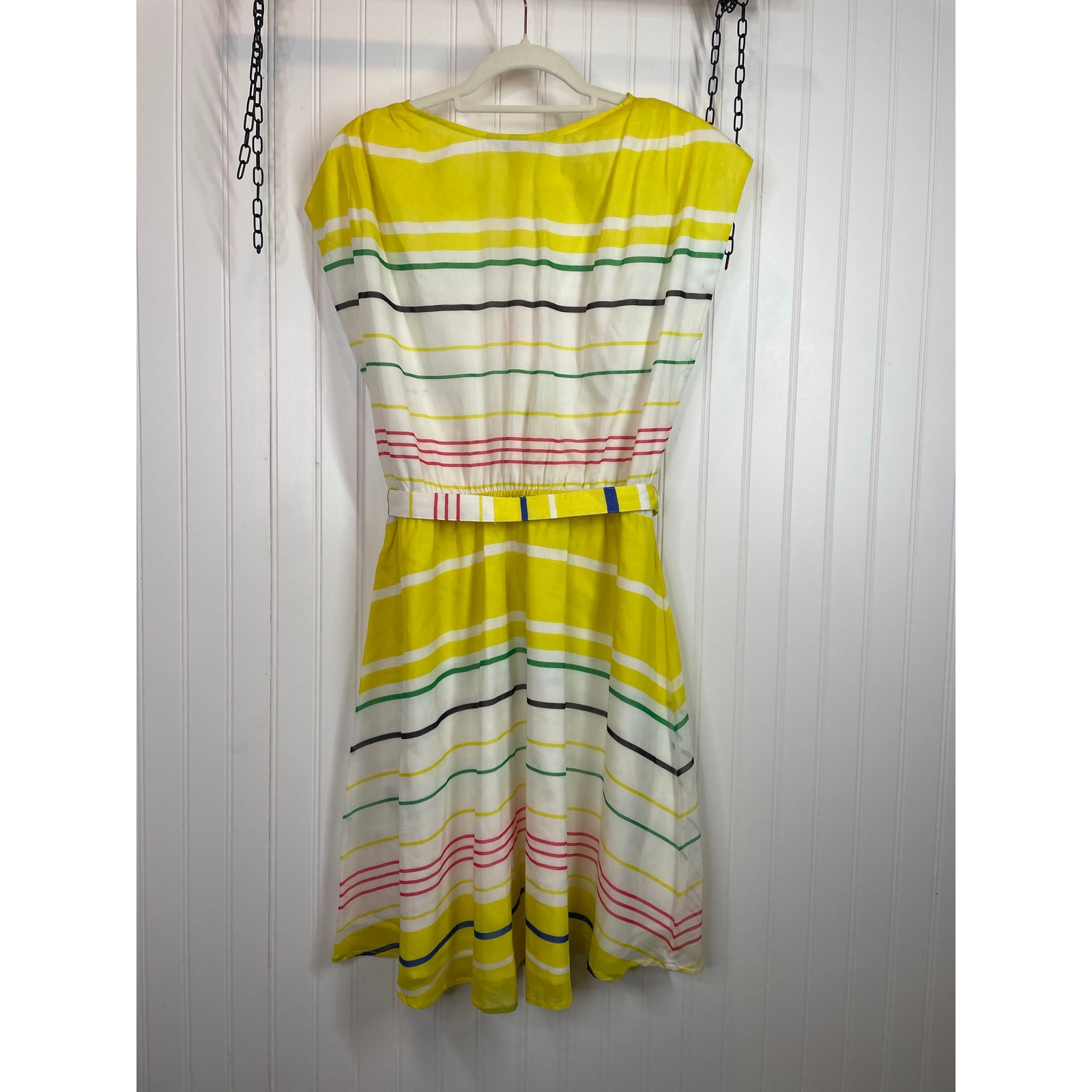 Presley Skye Sloane Belted Silk Blend Stripe Dress Mini Yellow White Pink Size L