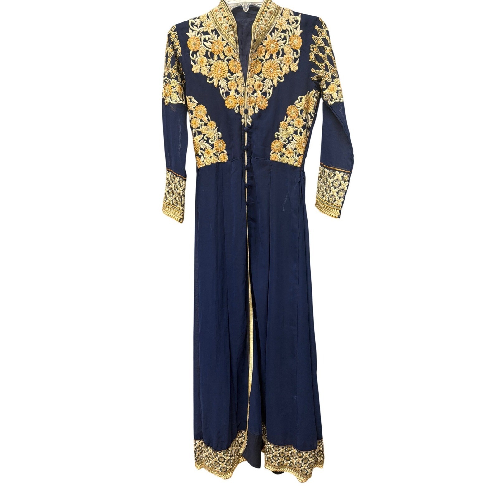 Navy Blue Gold Floral Embroidered Maxi Gown Mandarin Collar Side Zip Long Sleeve