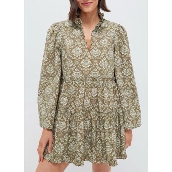 Tuckernuck Hyacinth House Moss Printed Russell Bell Sleeve Tier Mini Dress NWT M