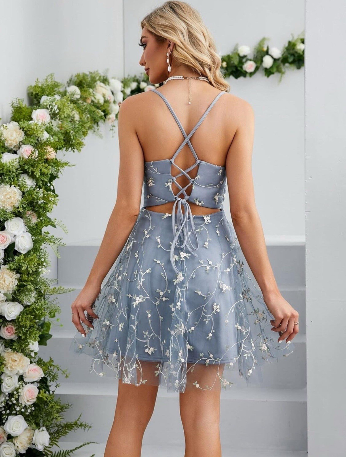 Dusty Blue Embroidered Adjustable Mini Cami Dress Size Small