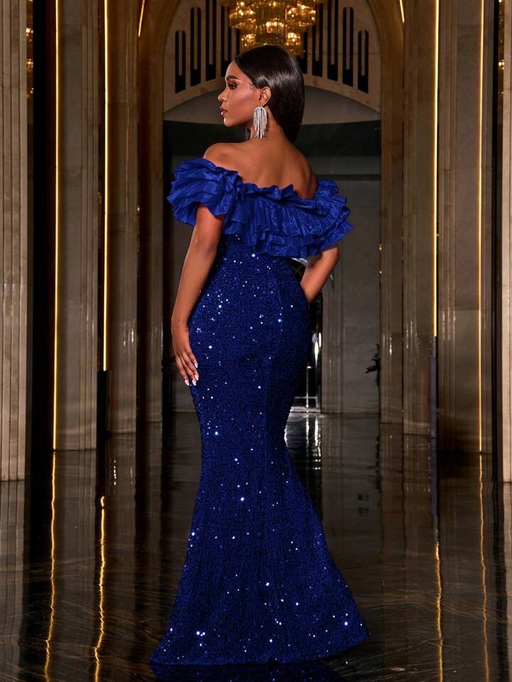Layered Ruffle Trim Off Shoulder Sequin Mermaid Dress
