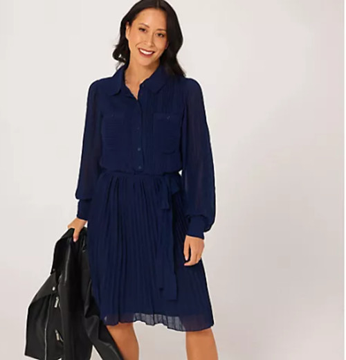 Nina Leonard Pleat Dress Long Sleeve Chest Pockets Navy New bxu Size Large