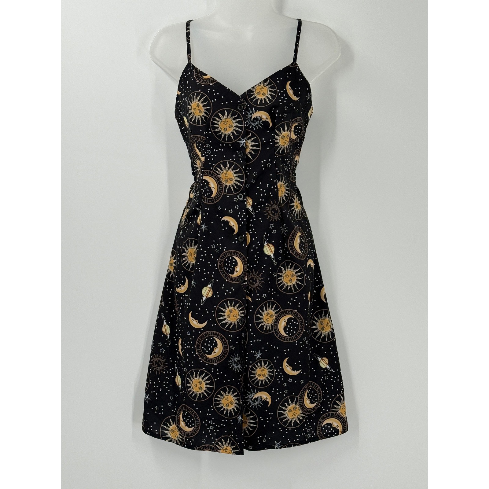 Celestial Sun Moon Star Print Button Front Cami Dress sz S Whimsigoth y2k 90s