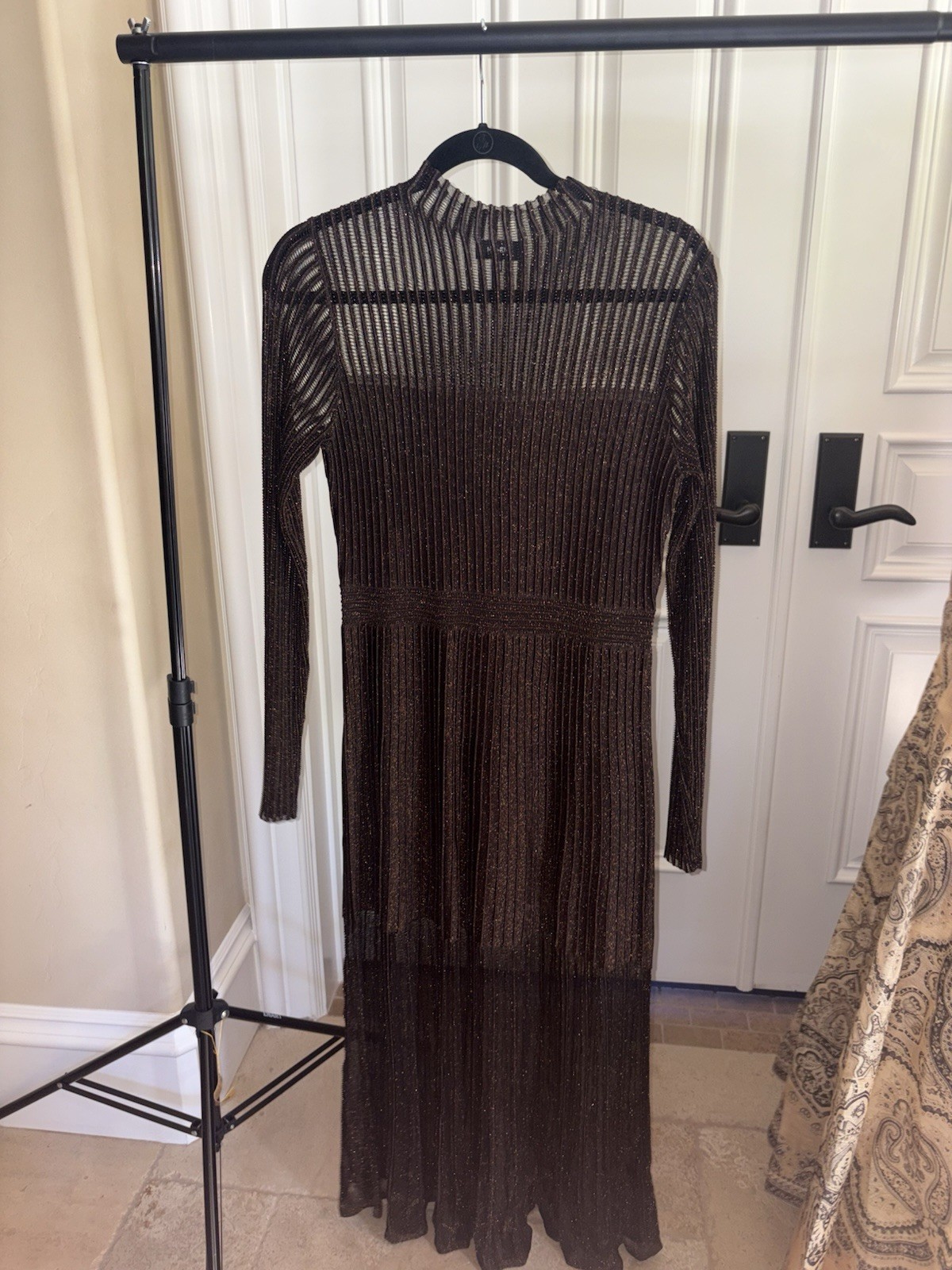 ME+EM Black Sheer Stretch Knit High Neck Long Sleeve Midi Dress Pleated US 8