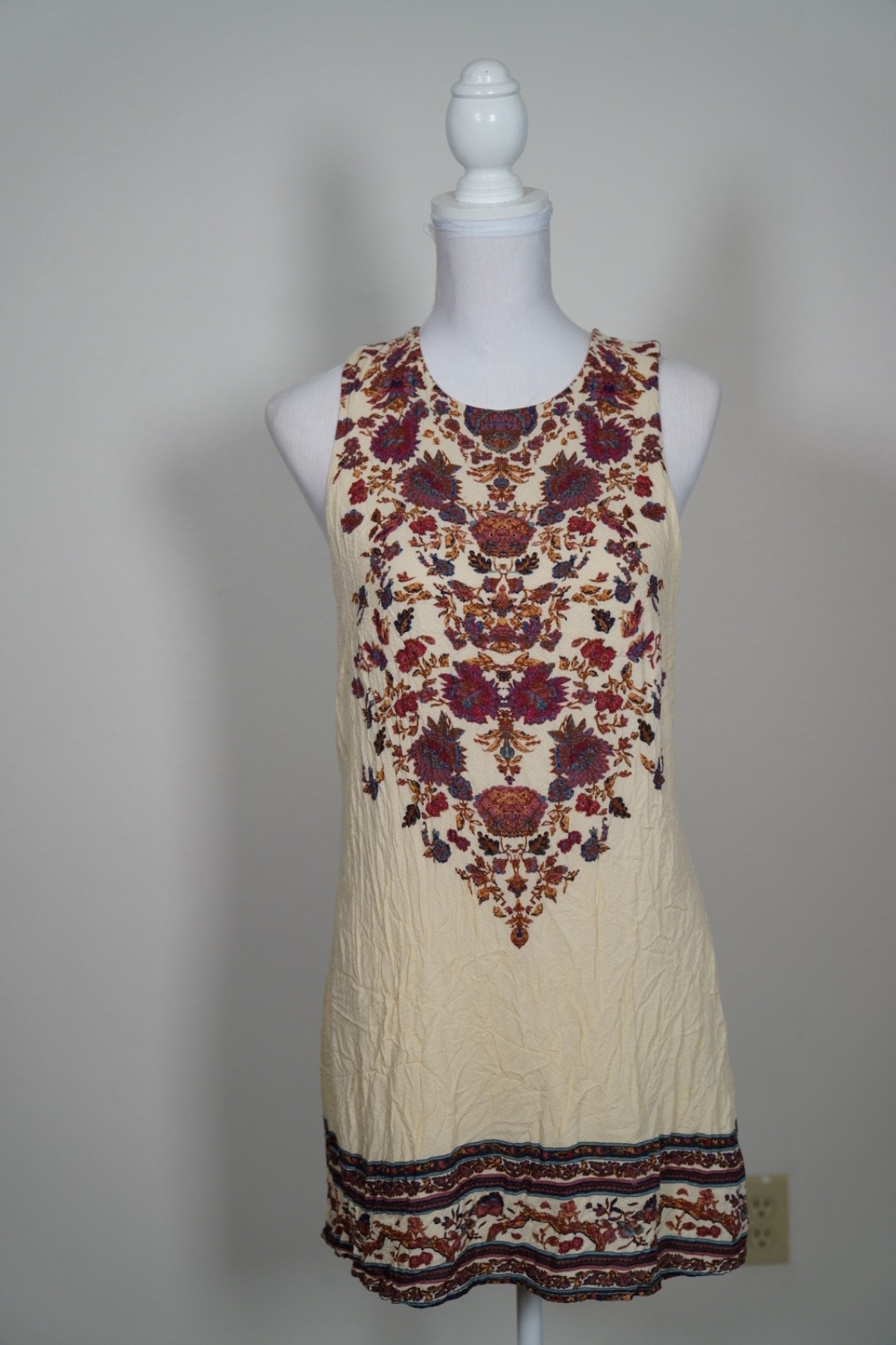 Ecote Cream Sleeveless Dress with Red and Blue Floral Embroidery
