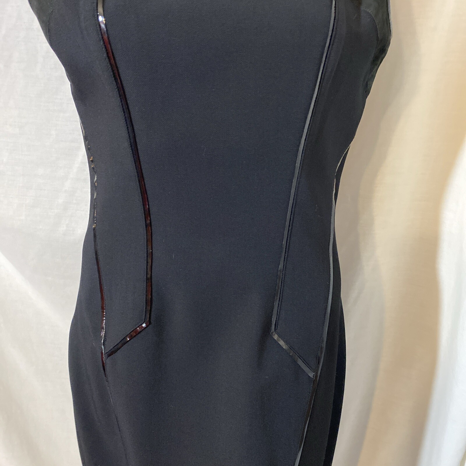 Helmut Lang Black Leather Panel Sleeveless Asymmetric Hem Sheath Dress Size 10