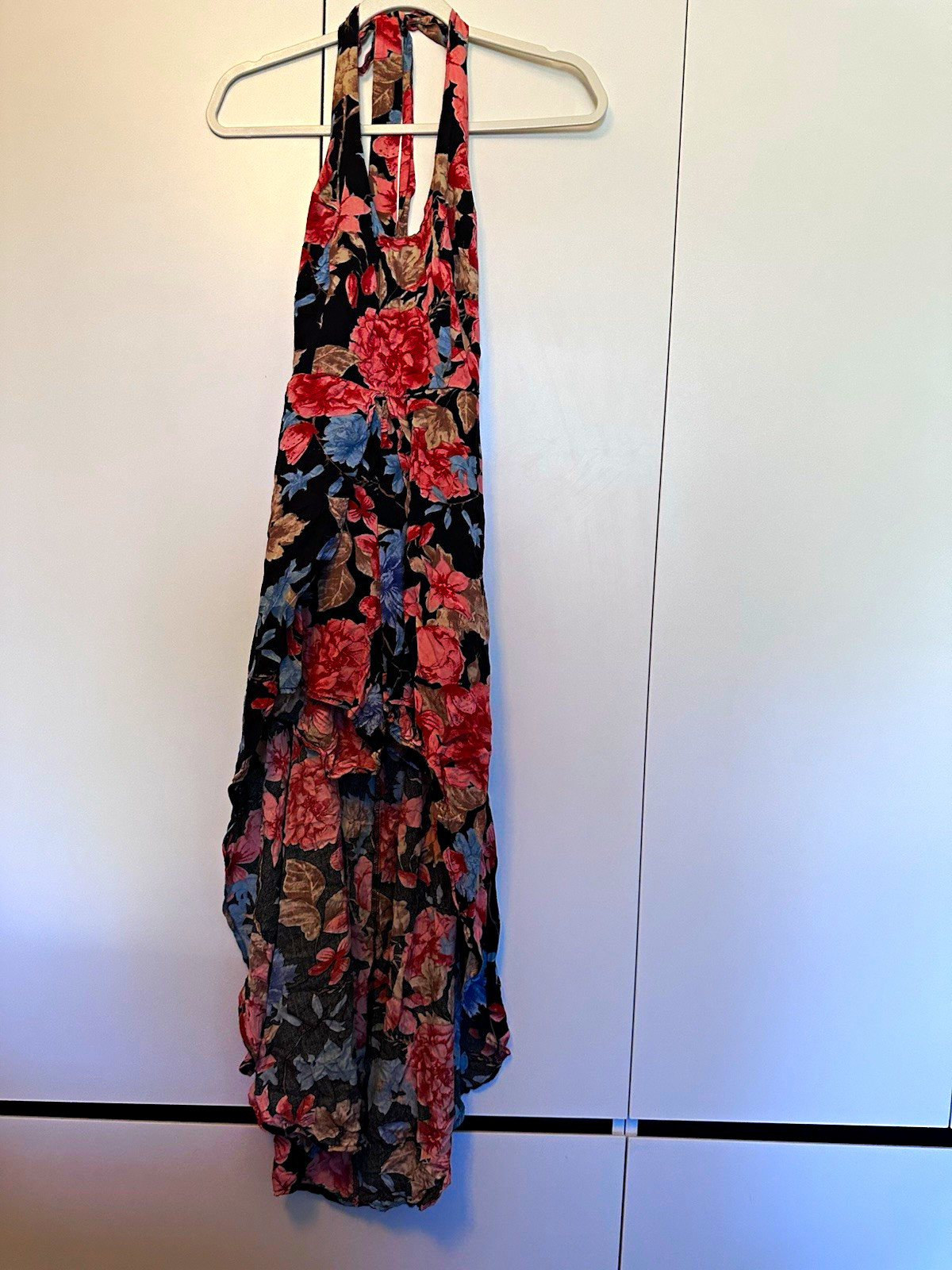 KorMei Women’s S Black Floral Halter Sleeveless Maxi Dress Ruffle Layered