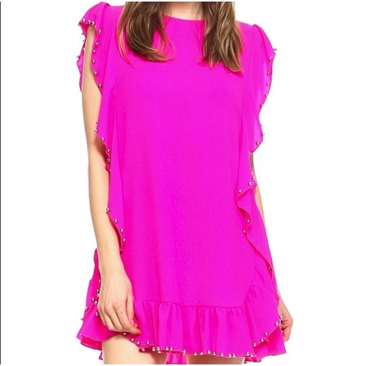 Hope Isabella Dress Womens Large Pink Ruffle Studded Mini Shift Party Summer