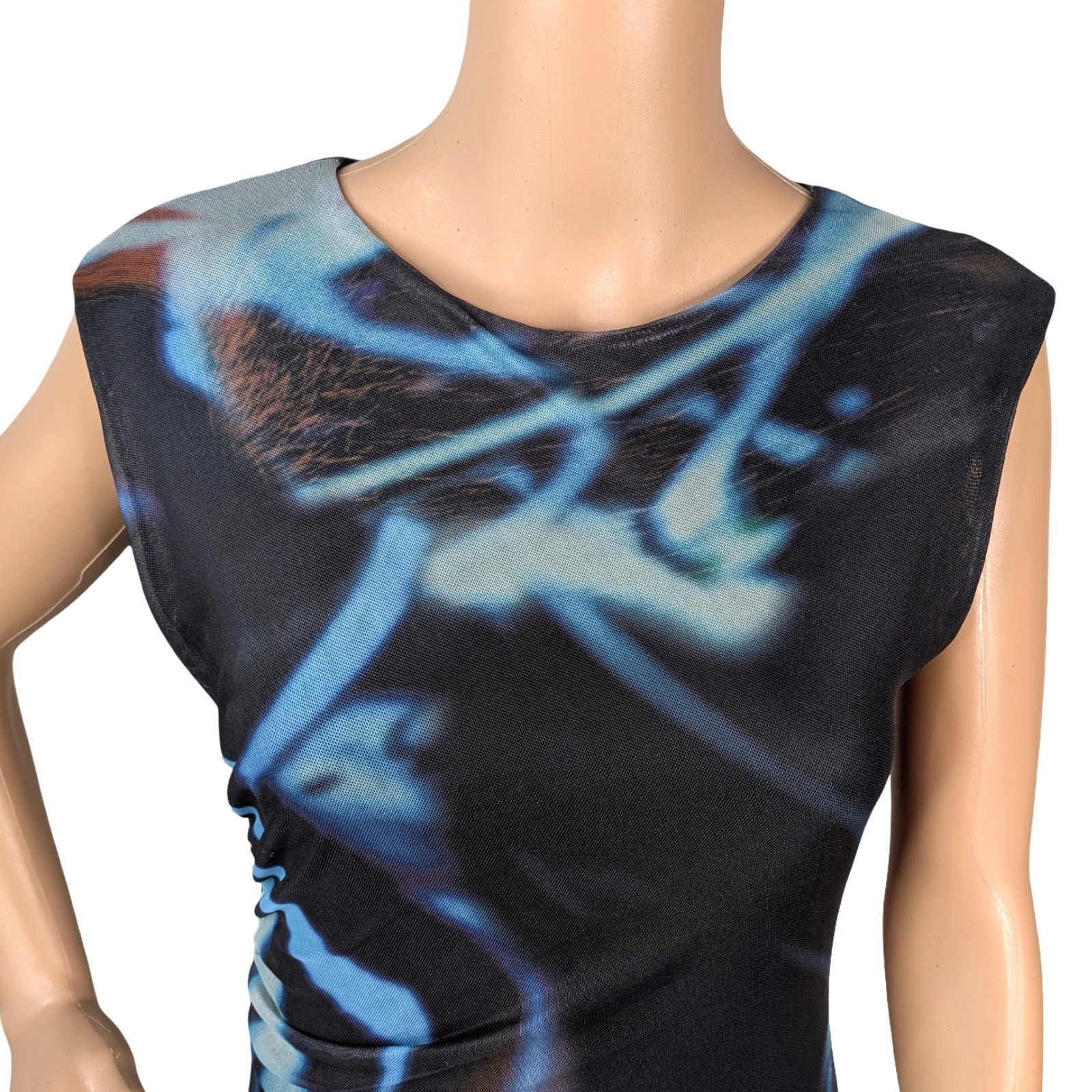 Commense Abstract Marble Mesh Dress L | Ruched Avant Garde Y2K Midi Bodycon