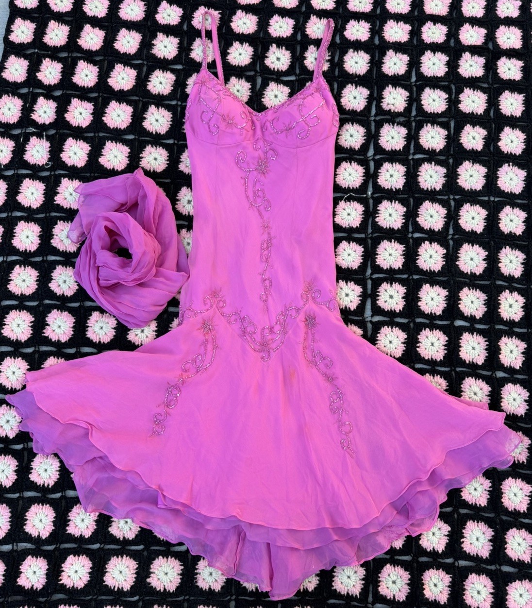 Vintage 1990s Y2K Scala Pink Silk Chiffon Beaded Midi Dress XS Fit & Flare
