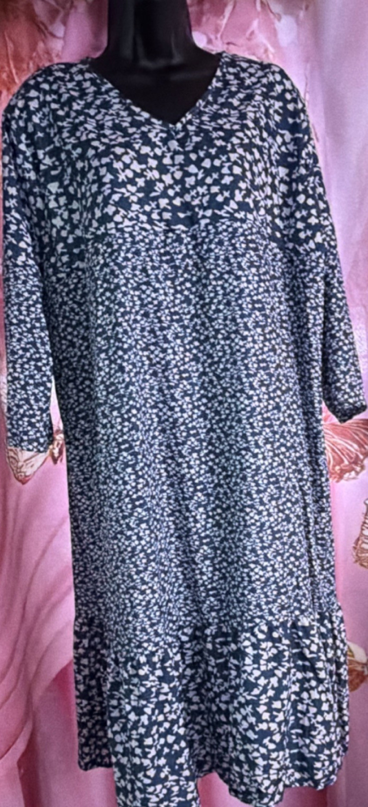 Navy White Abstract Midi A-Line Dress Long Sleeve V-Neck Ruffle Pullover XL