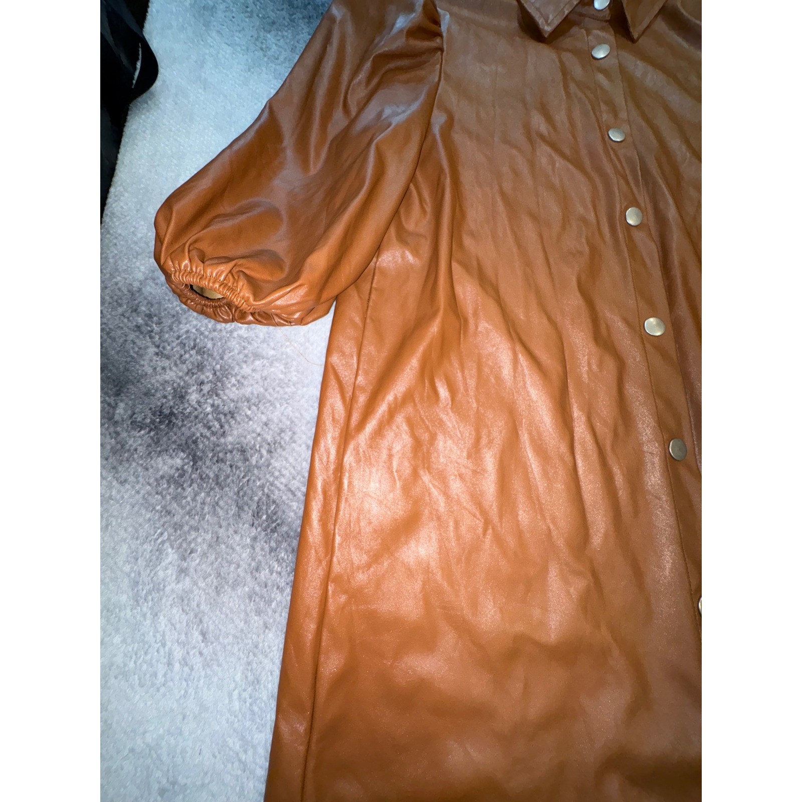 (B1) SHEIN Cognac Brown Faux Leather Puff Sleeve Snap Front Mini Dress Size S
