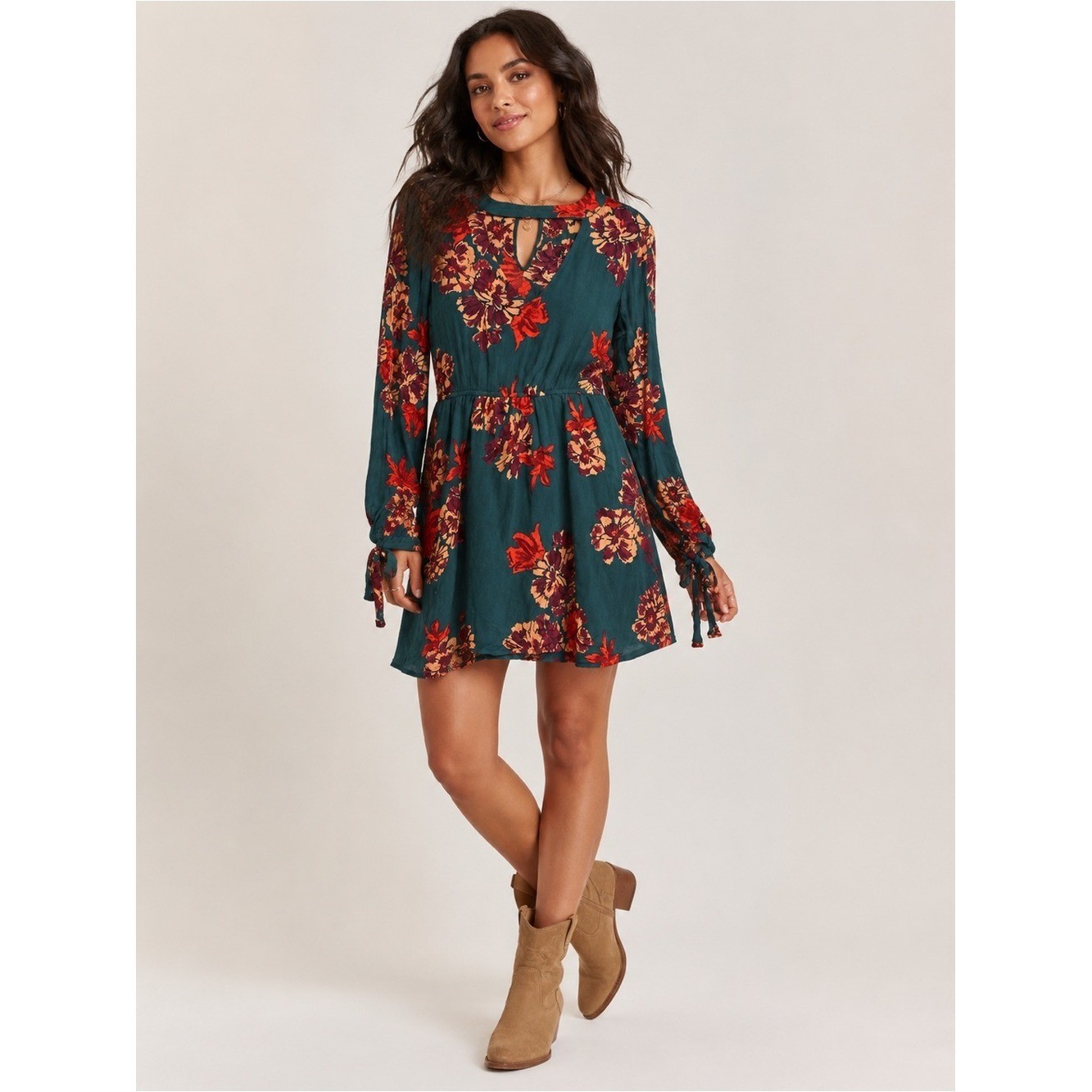 Sky and Sparrow Teal Floral Mini Dress with Teal Long Sleeve Boho Keyhole Lined