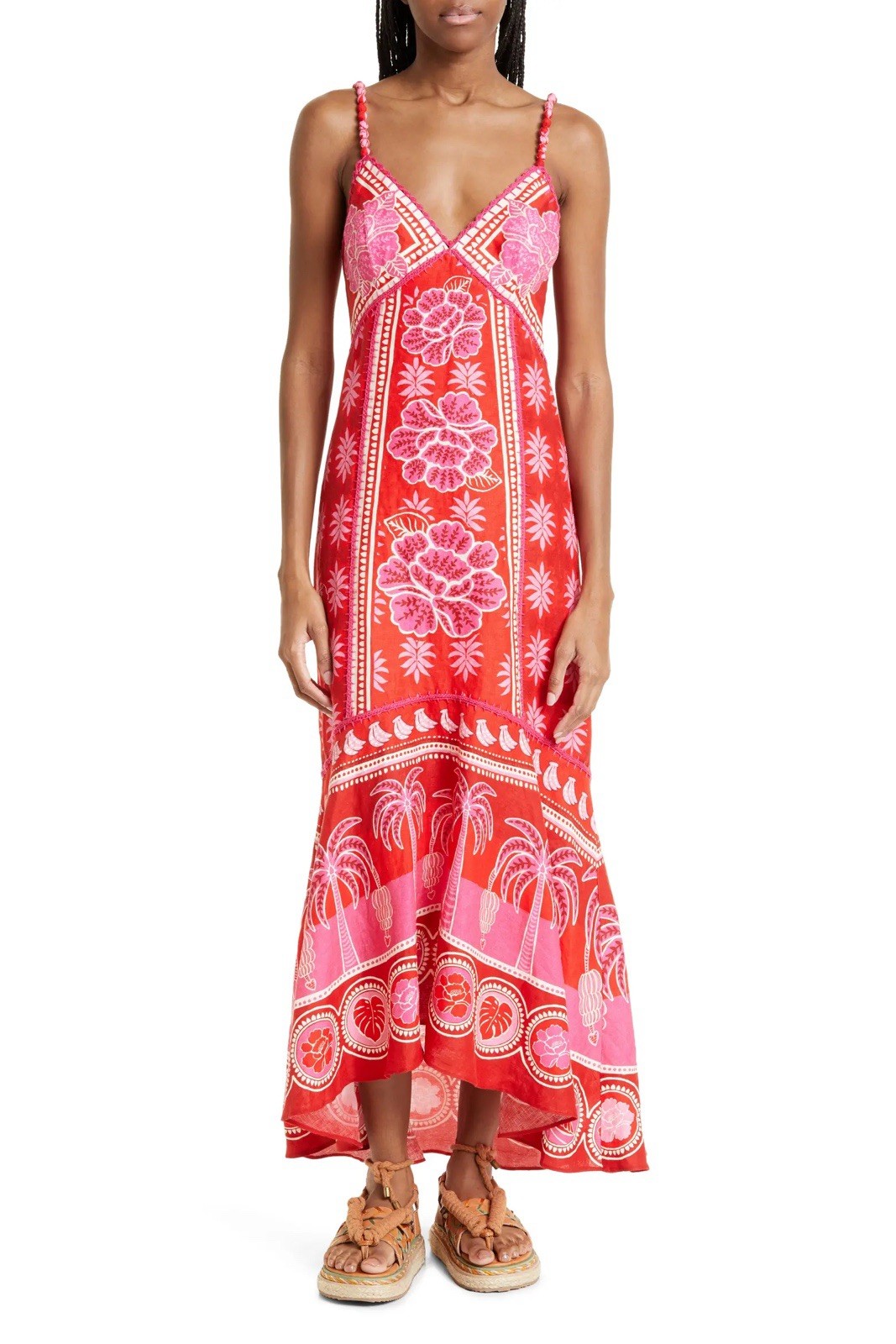Farm Rio Size Xl Summer Sunrise Embroidered Linen Maxi Dress Tropical Boho