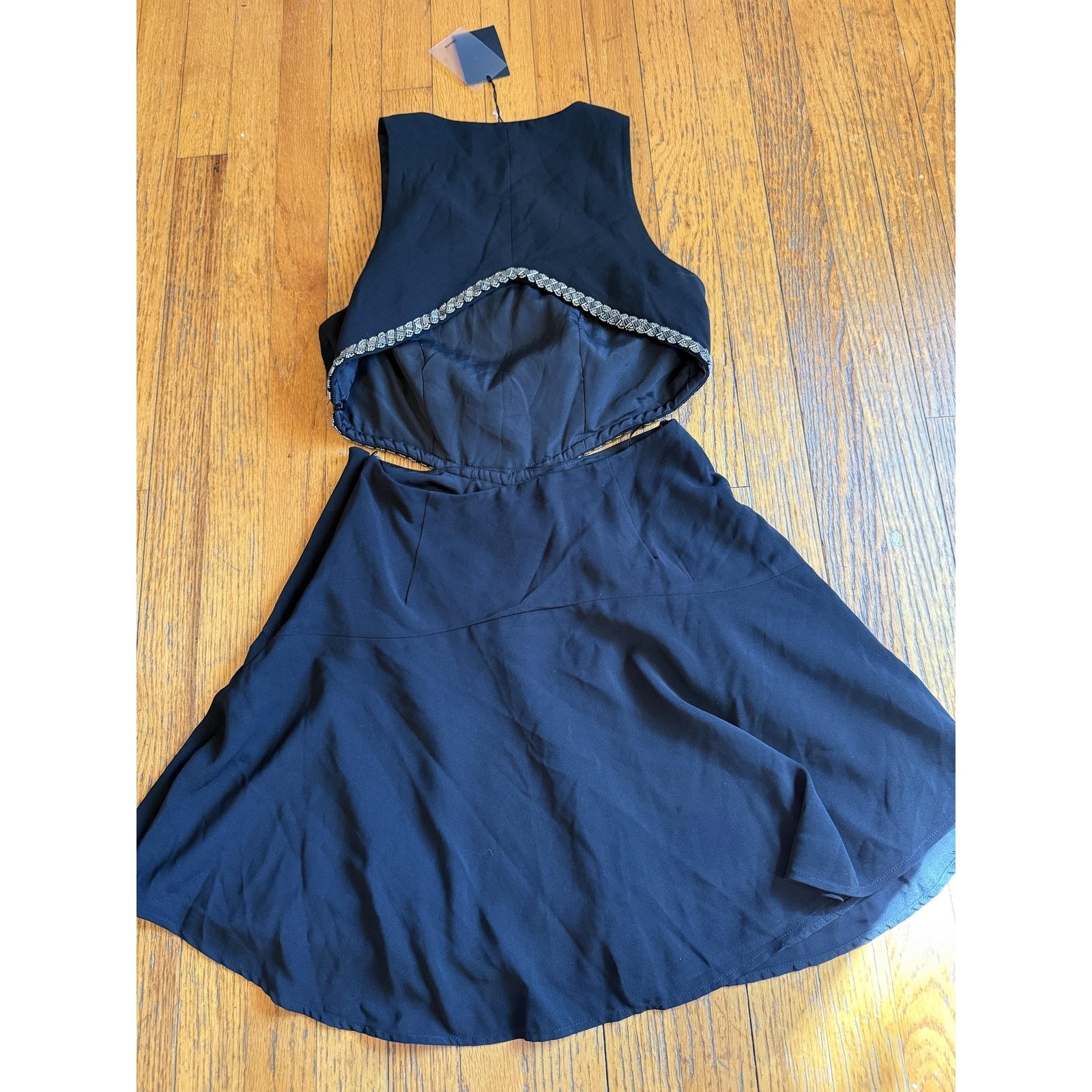 NBD Dress Womens Medium Black Cutout Waist Beaded Trim Sleeveless Lined Skater