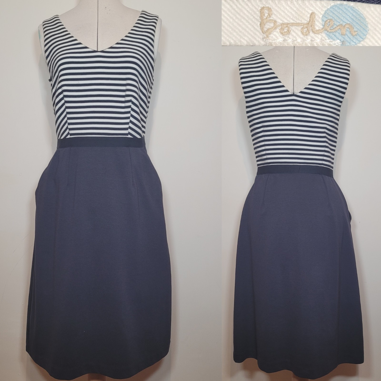 Boden Belle Ponte Dress Blue White Stripe Sleeveless Pockets WW268 Size 10