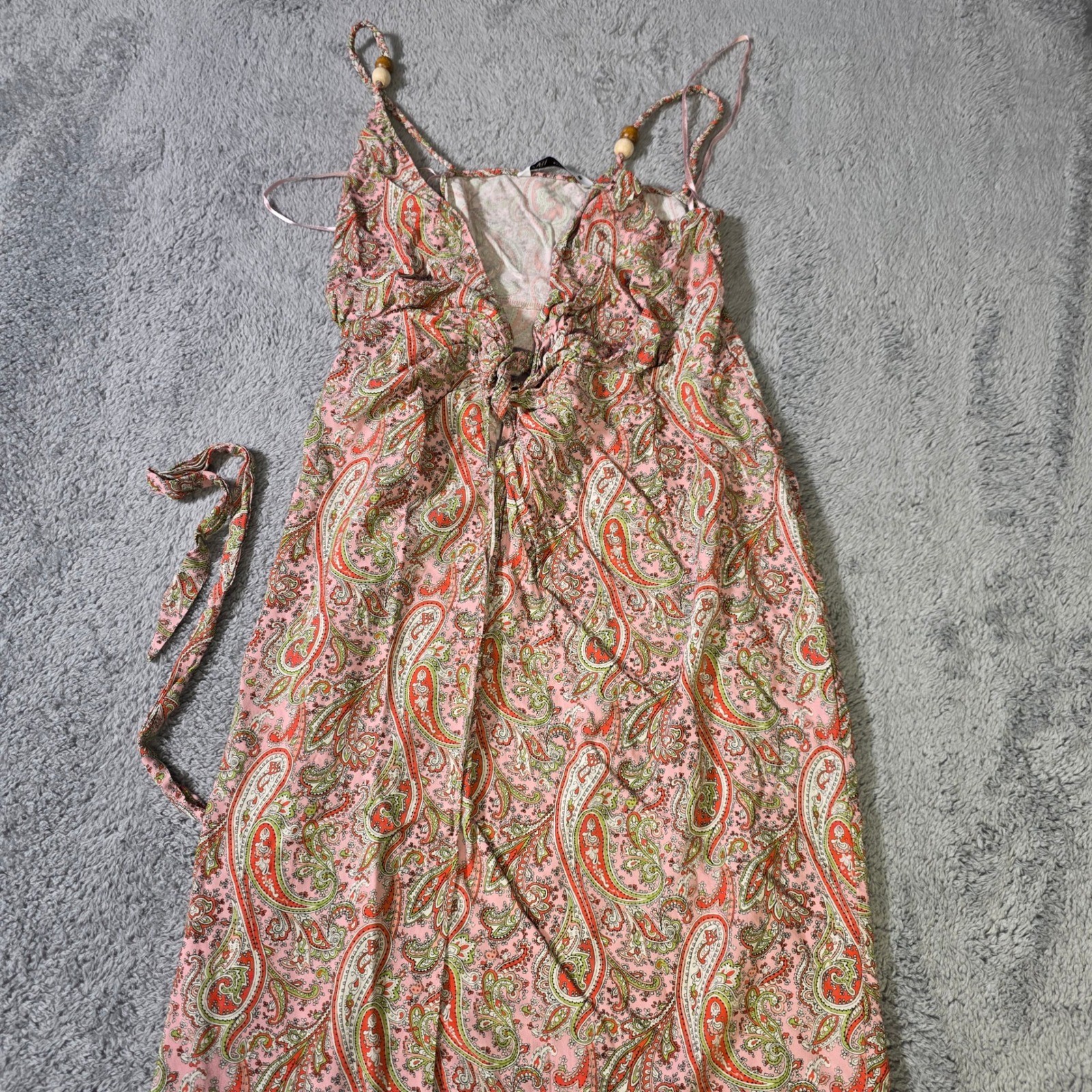 Zara Womens S Pink Paisley Maxi Dress Boho Tie Front Wood Beads 8514/154/330
