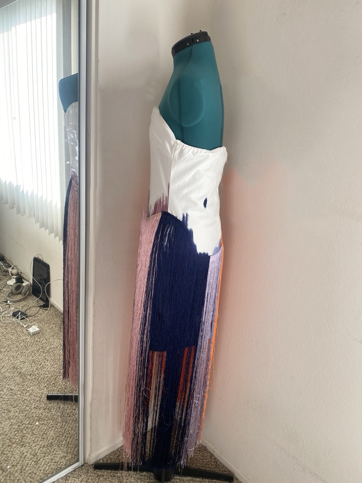 Multi-Colored Strapless White Fringe Midi Dress with Neon Orange & Navy M