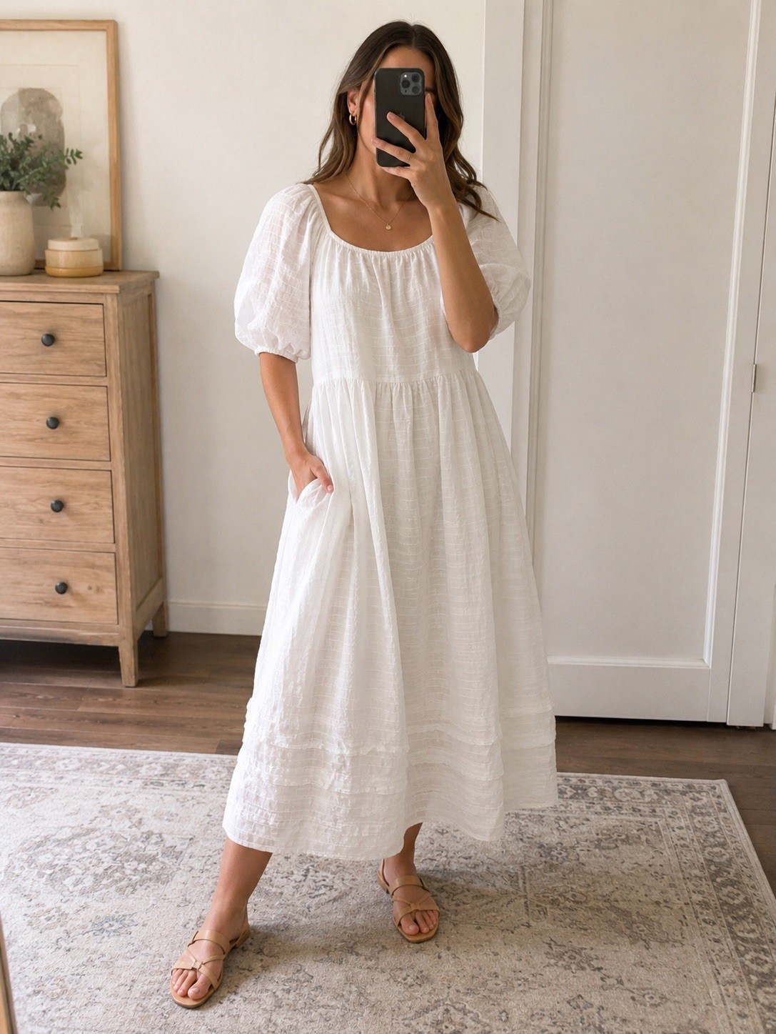 Madewell Pintuck Easy Midi Dress Med Cotton Lined Pockets Milkmaid Cottagecore