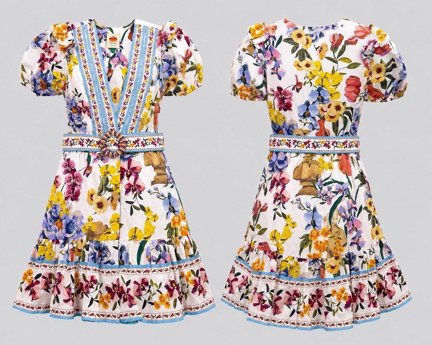 FARM Rio MINI DRESS WOMENS XS FLORAL BELTED Greek Garden Off-White