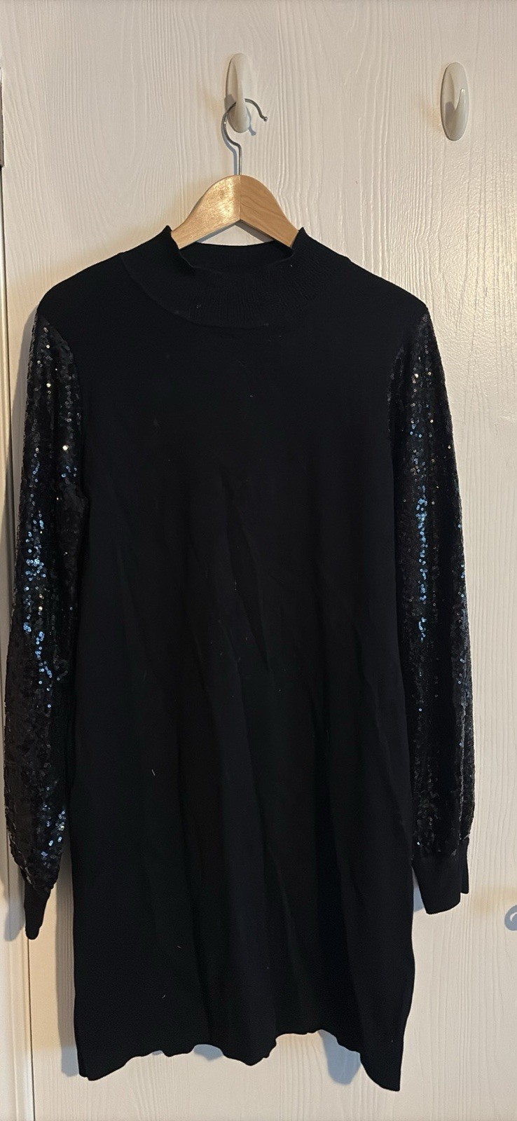Willow Glenn Black Solid Sweater Dress Sequin Crew Neck Long Sleeve XL