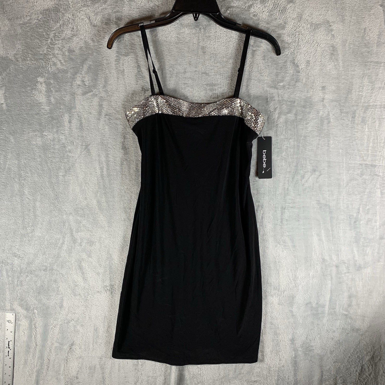 Bebe Women’s Slip Dress S Mini Strappy Black Silver Metal Rhinestone Trim Y2K