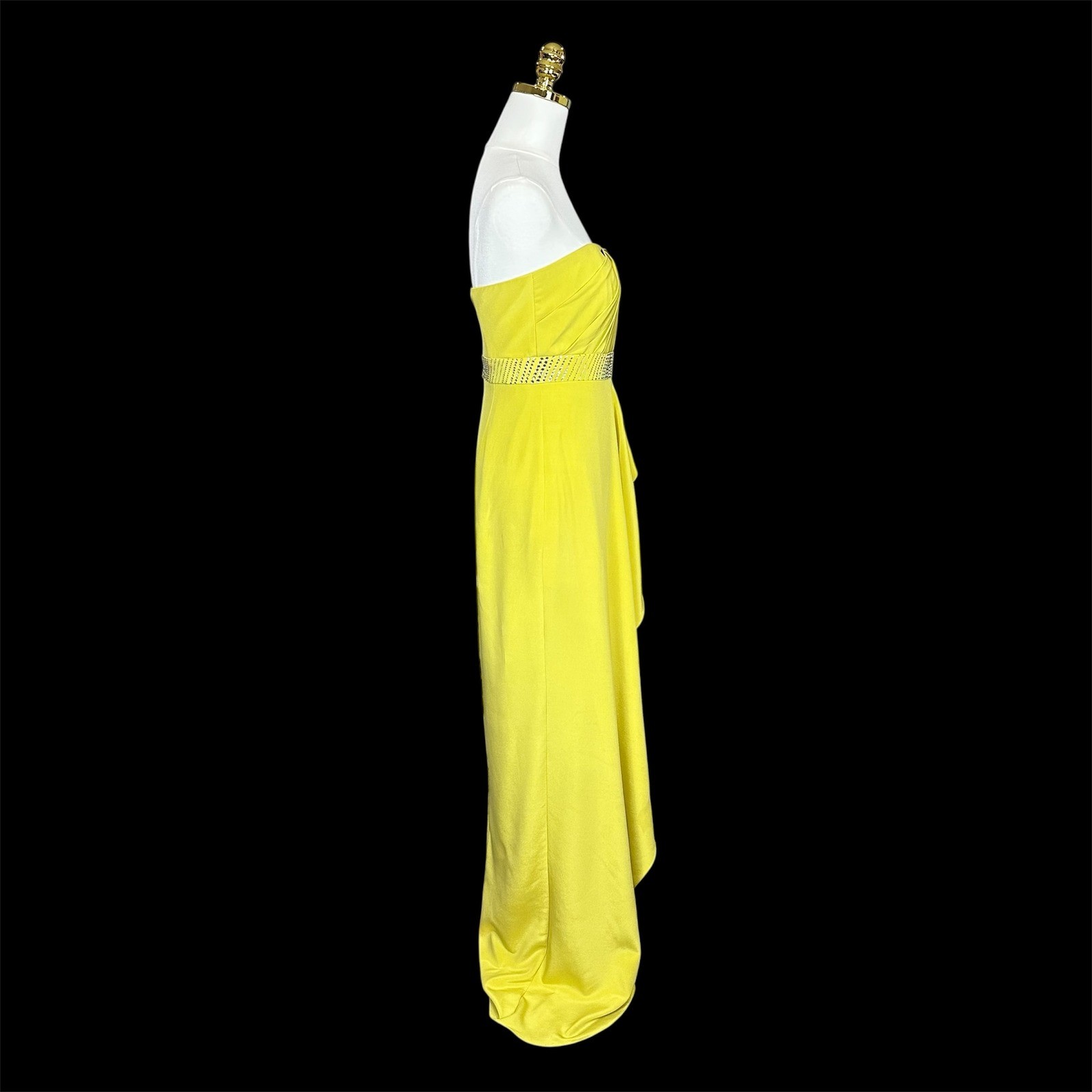 Nicole Miller Yellow Strapless Embellished Waist Ruffle Evening Gown Maxi Dress