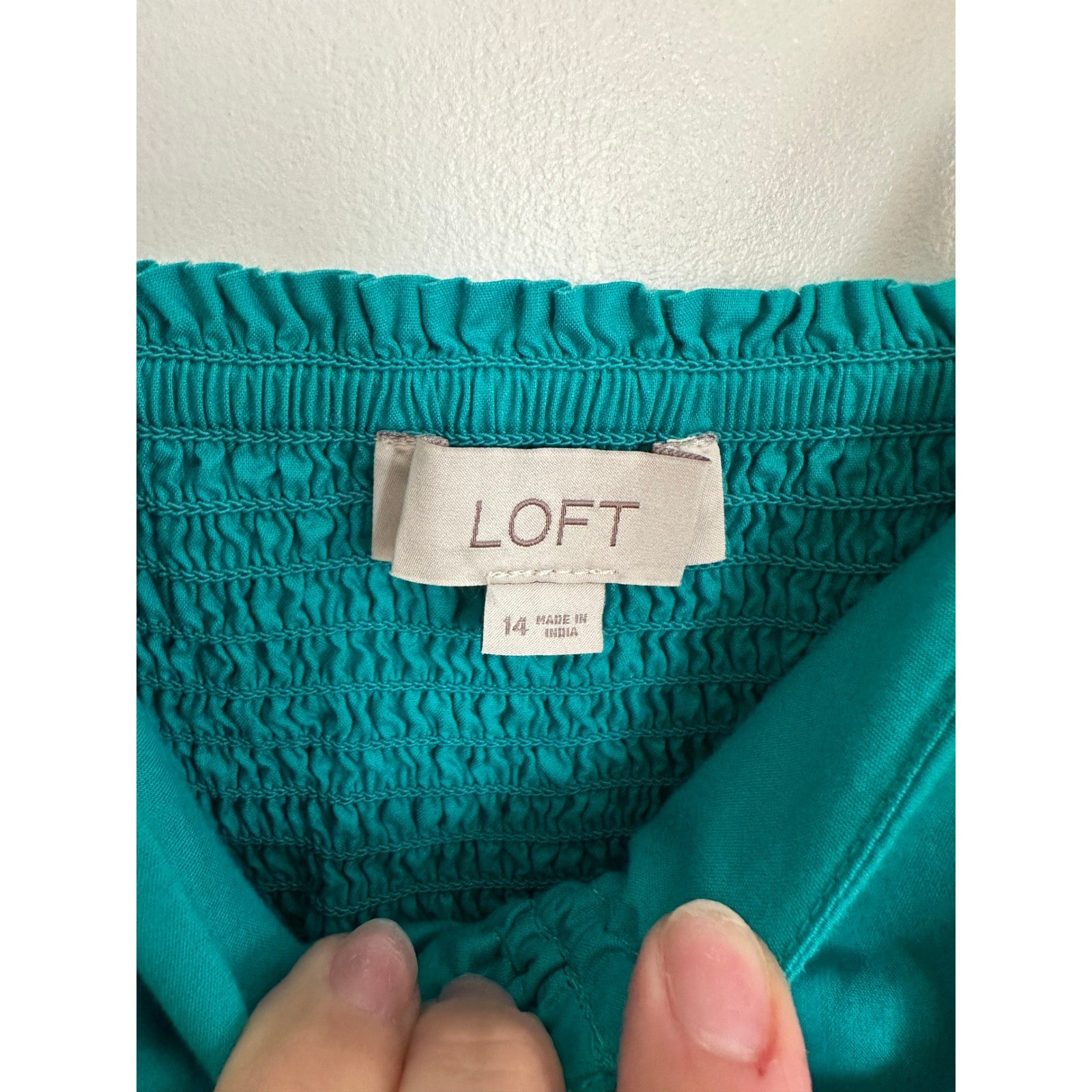 LOFT Maxi Dress Teal Flutter Sleeve Smocked Tiered Size 14 Coastal Cotton Boho