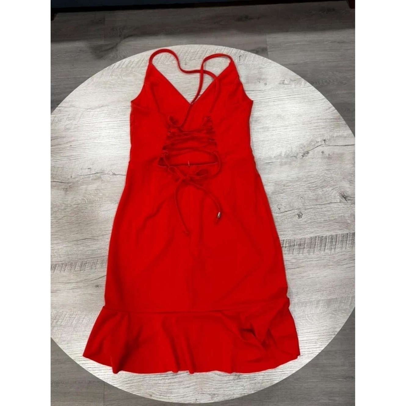 Red Lace Up Back Bodycon Ruffle Hem Spaghetti Strap Mini Cocktail Date Night