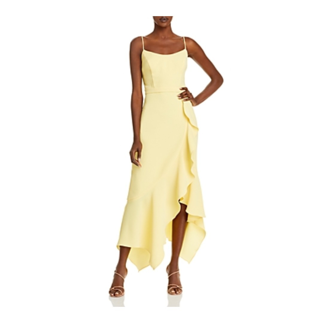AQUA Ruffled Midi Dress Women’s 6 Lemon Fixed Strap Sleeveless Back Zip Closure