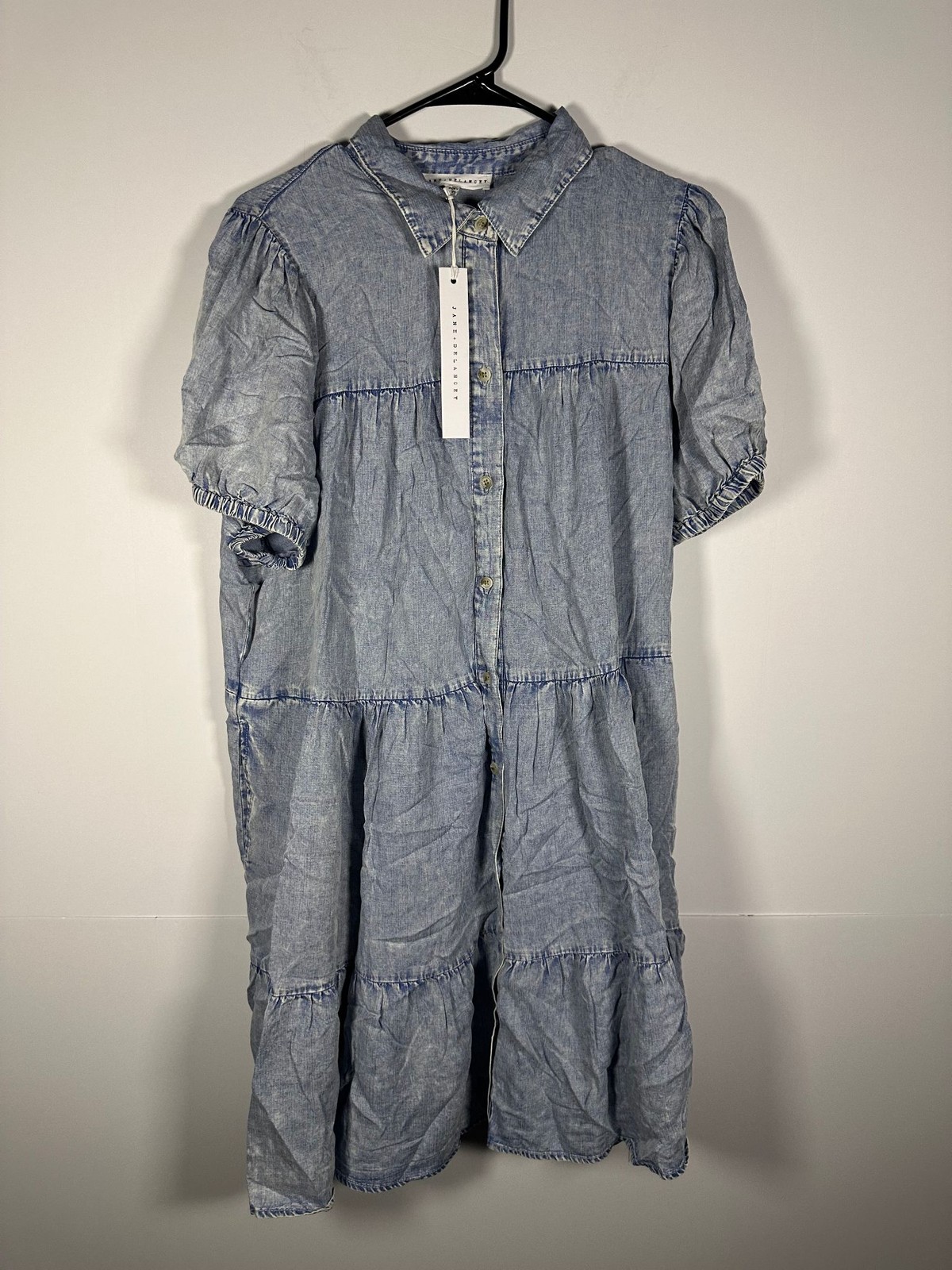 Jane Delancey Dress Women 1X Chambray Button Front Short Sleeve Blue Jean Look