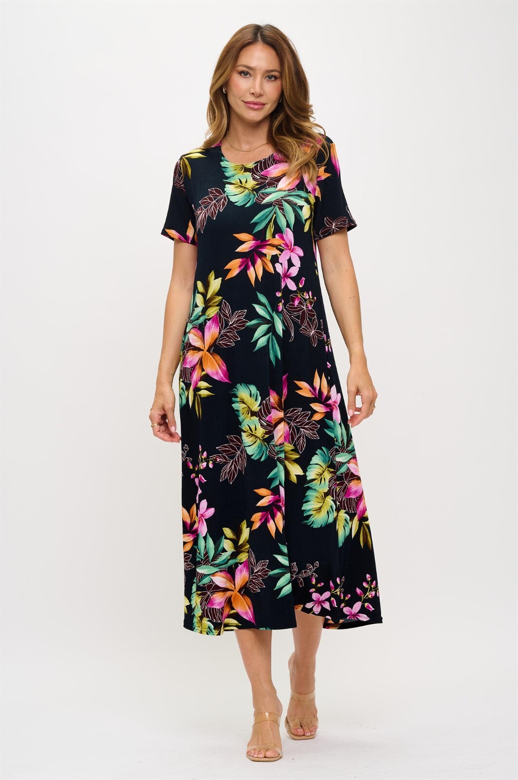 Travel Knit Dress, long A-Line S/S, Stretchy NO-IRON poly/span. #479