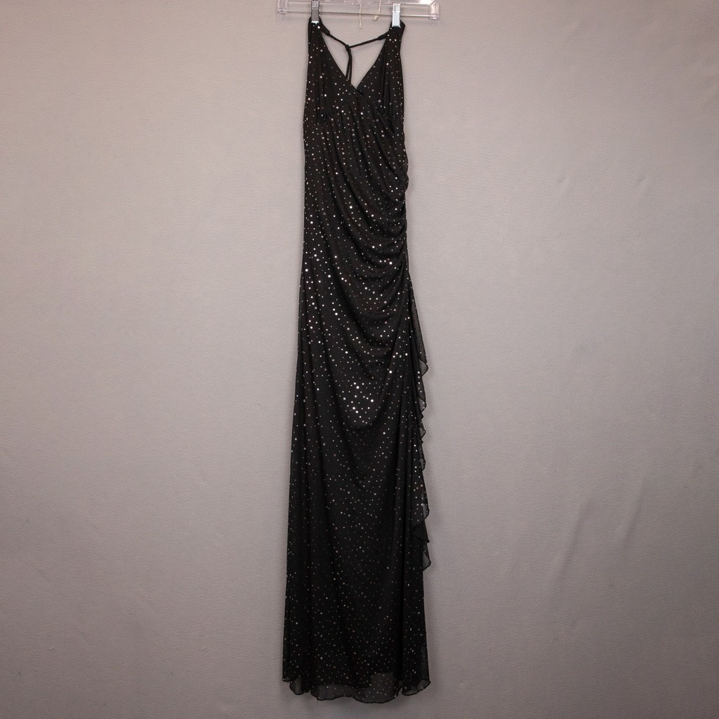 Y2K Jodi Kristopher black silver polkadot halter side ruffle long slip gown-M