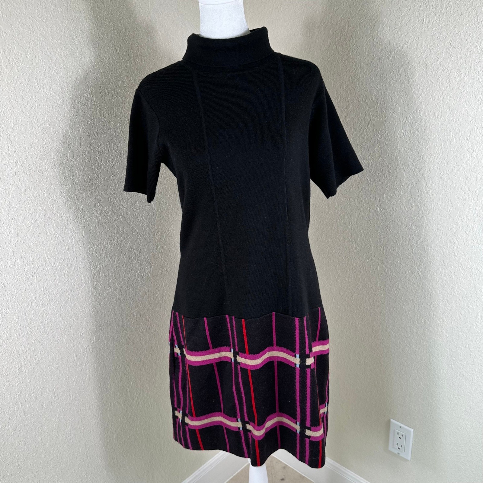 Phoebe Couture Sweater Dress Women 10 Black Plaid Mod Retro Mock Neck Wool Blend