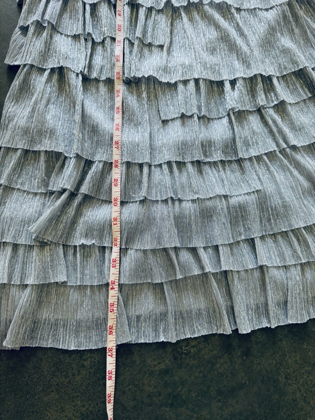 EUC SILVER METALLIC THREAD PLEATED RUFFLE DRESS SIZE 14 US 6 8 VINTAGE DESIGNER
