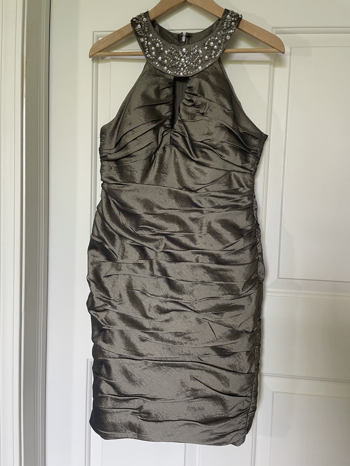 R&M Richards Dress Womens 10 Petite Metallic Gray Ruched Evening Cocktail Beaded