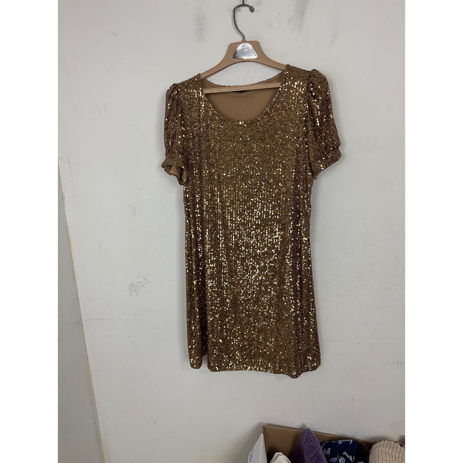 Cable & Gauge Bronze Gold Sequin Shift Dress Short Puff Sleeve Women Large