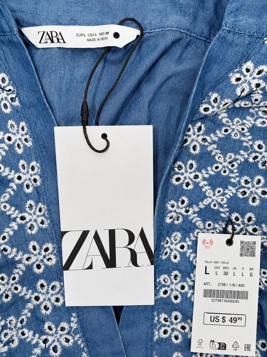Zara Chambray Eyelet Embroidered Mini Tunic Dress | Size Large | Boho Blue | NWT